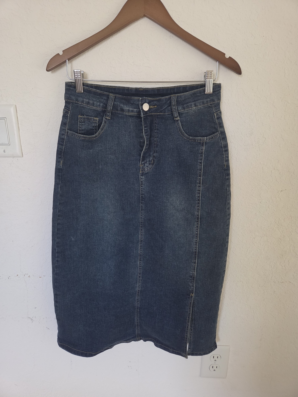 Y2K Denim Midi Skirt Women Large Medium Wash Front Slit Streetwear Casual Pencil